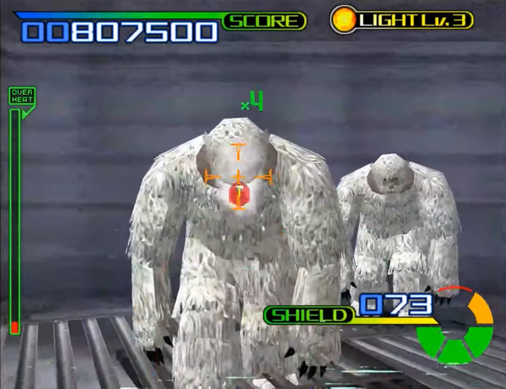 Video game yetis approaching in snowy setting