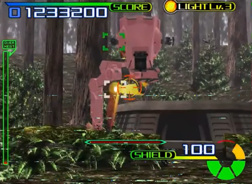 Video game battle with walker in forest