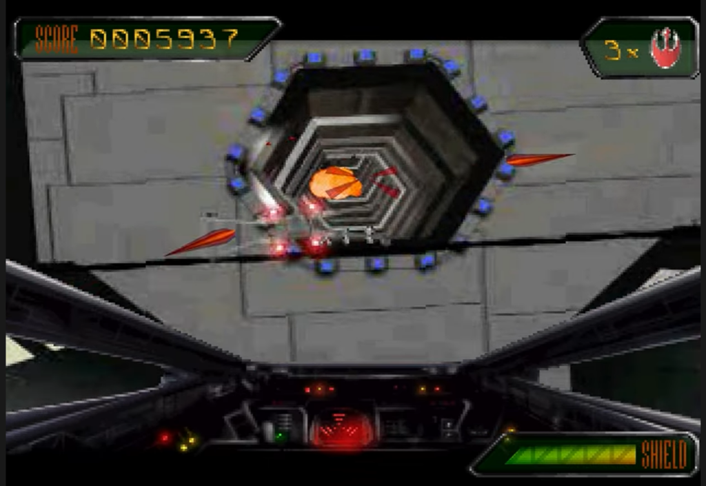 Retro space shooter cockpit view inside hexagonal tunnel