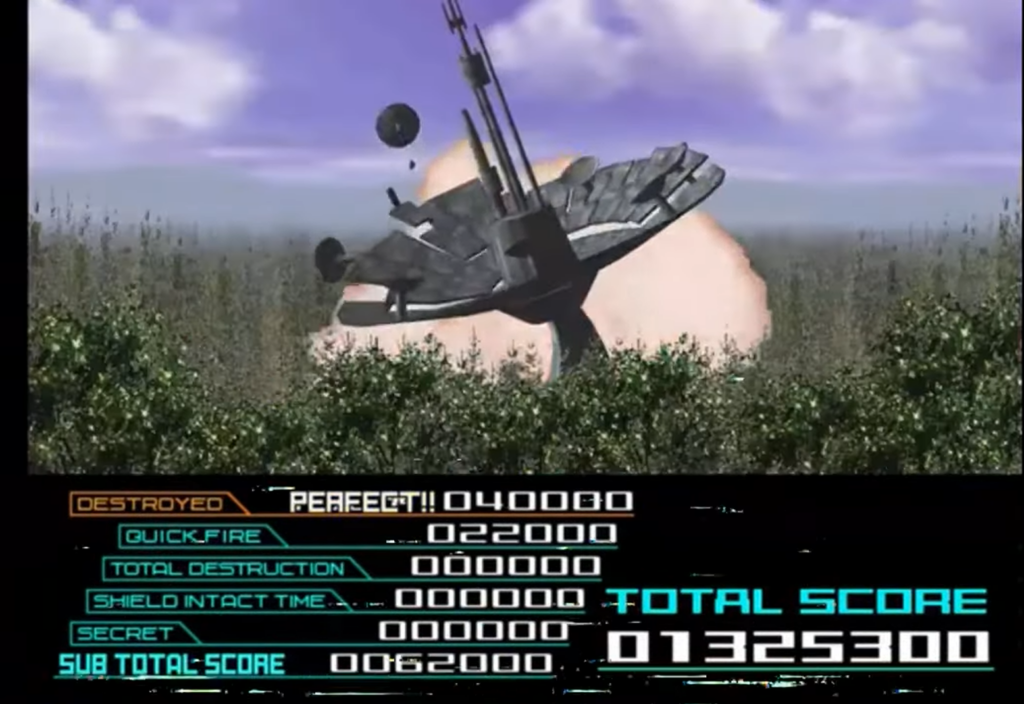 Crashed satellite dish with explosion and game score