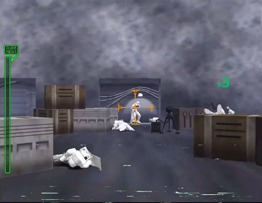 Retro sci-fi shooter game corridor battle scene