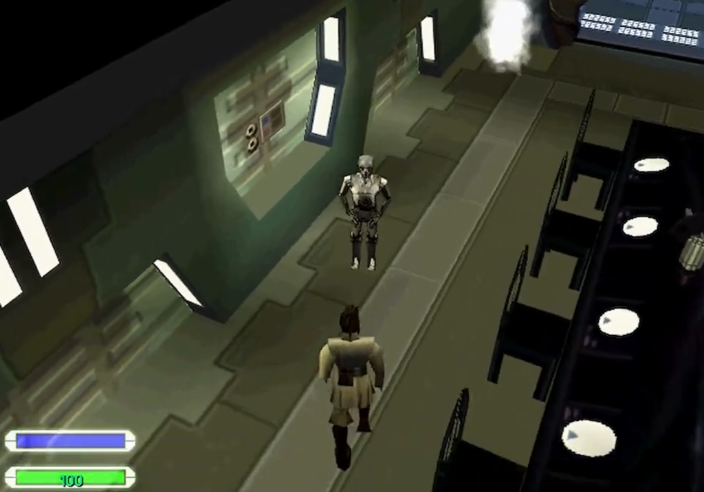 Jedi character confronting robot in futuristic corridor