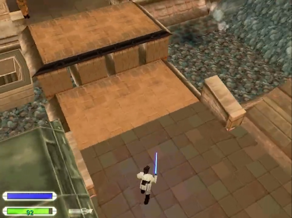 Video game character with blue lightsaber on rooftop