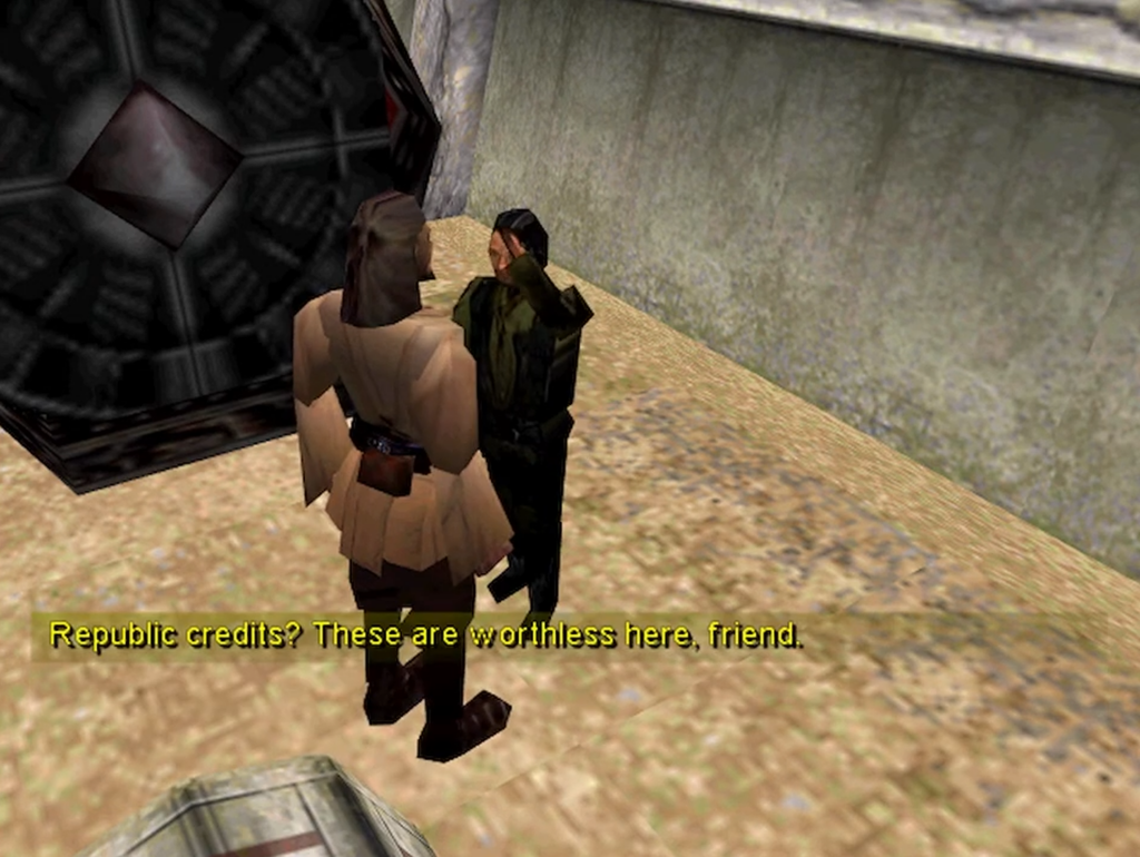 Two video game characters discussing Republic credits