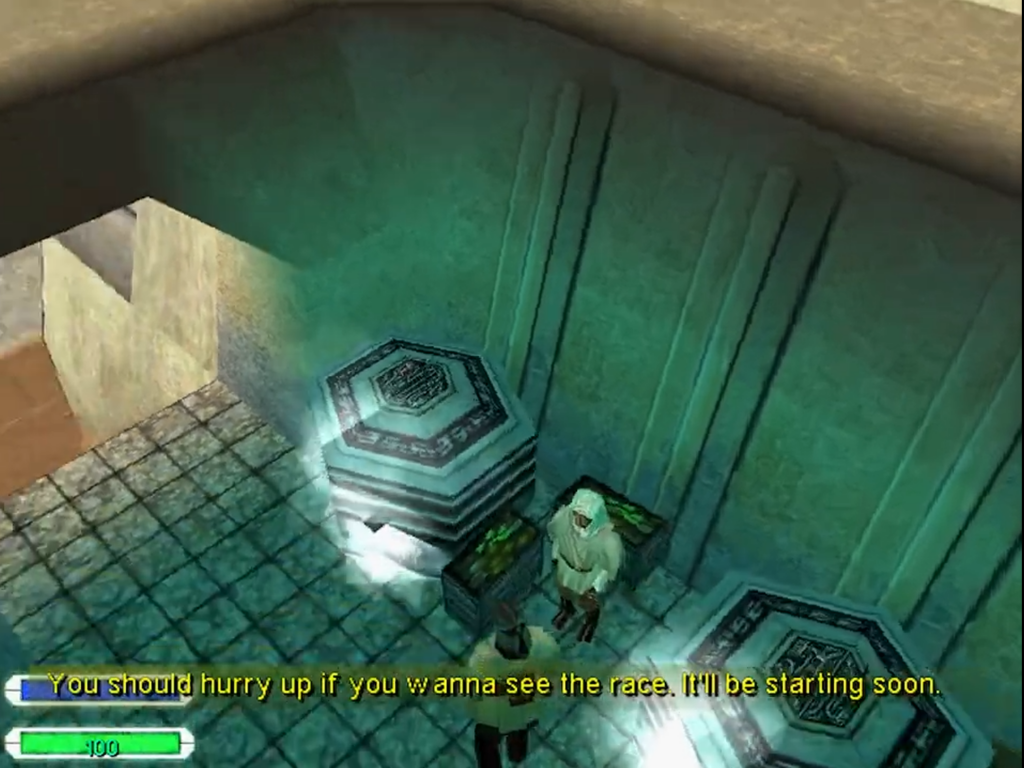 Video game scene with robed character and pedestal