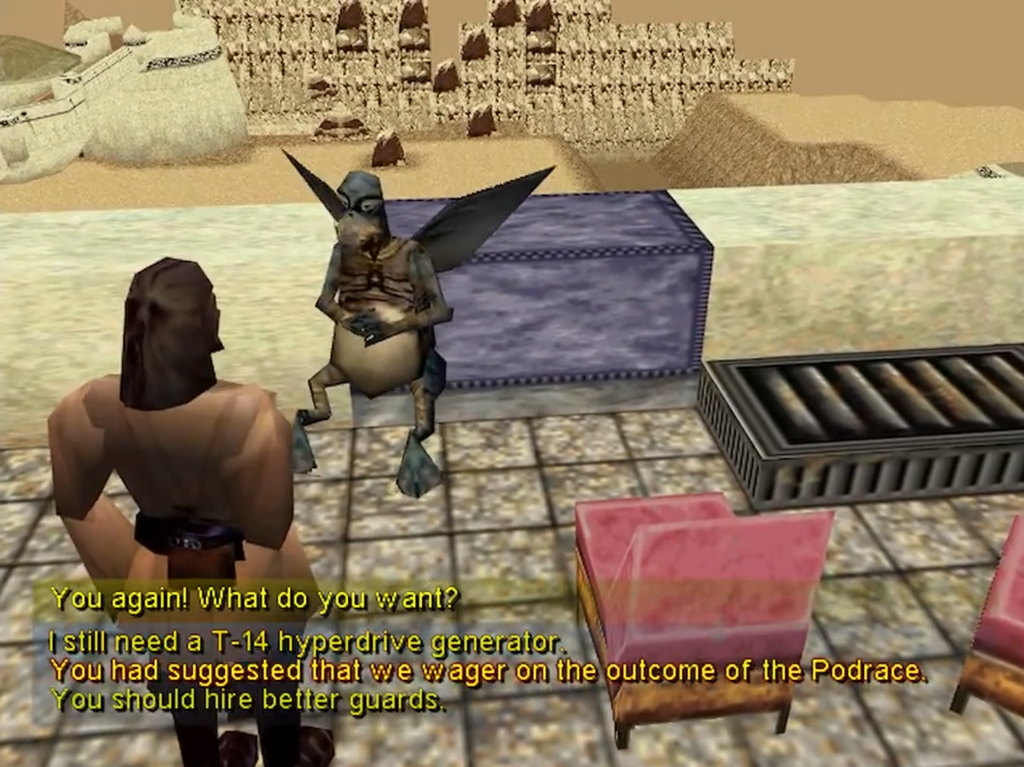 Video game scene with winged alien merchant