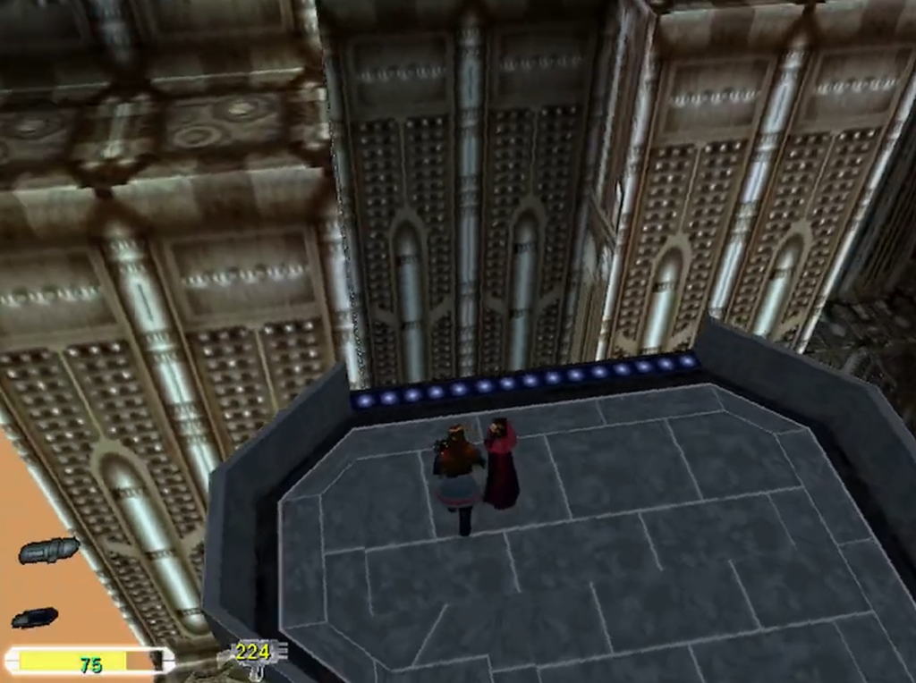 Two characters on high futuristic platform