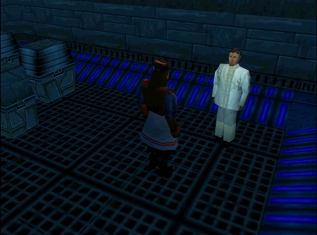 Two characters in futuristic blue-lit room