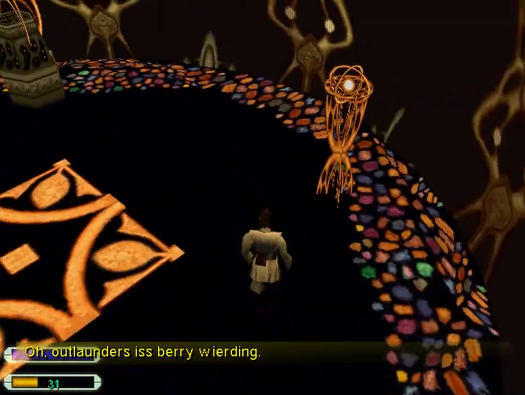 Character on glowing circular platform in fantasy game