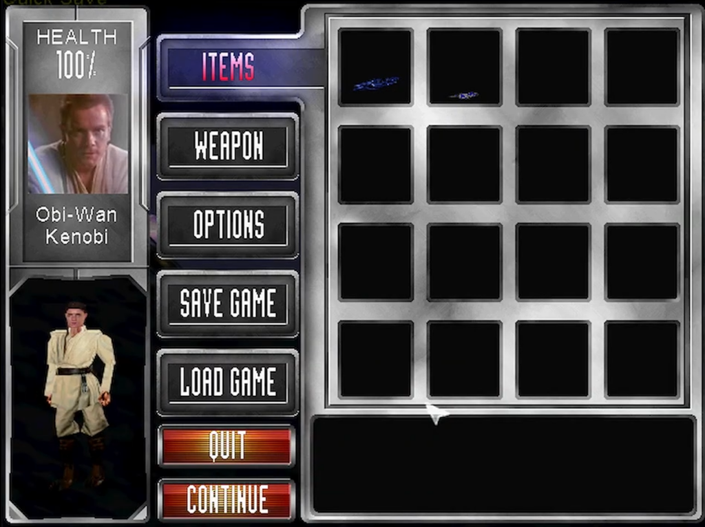Video game inventory screen featuring Obi-Wan Kenobi