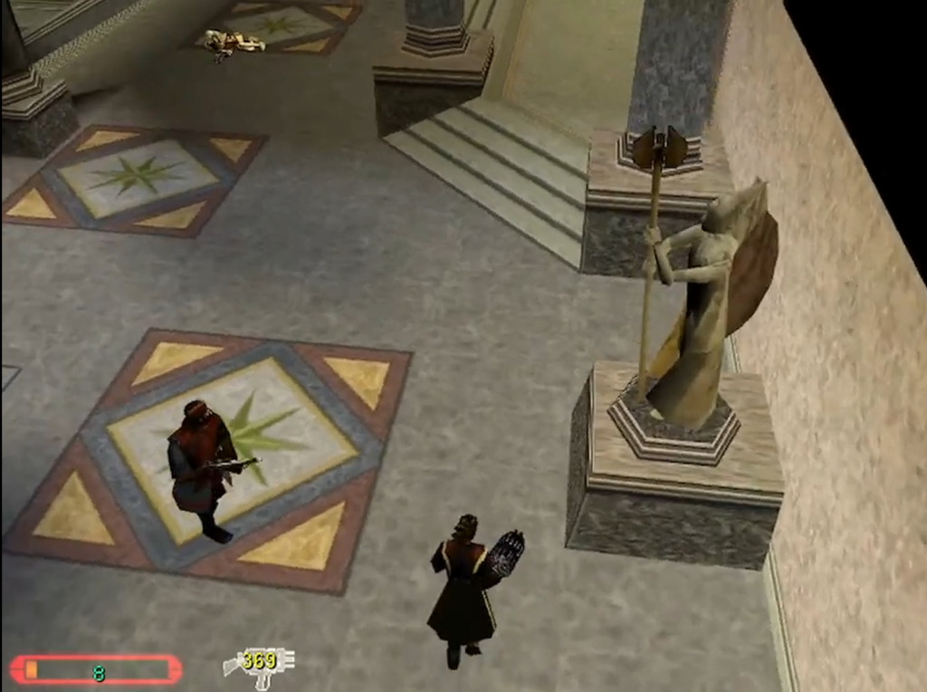 Video game characters in temple with statue