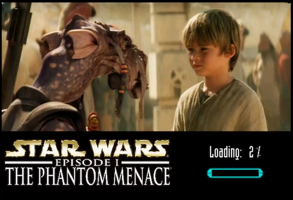 Young boy facing Jar Jar Binks in Tatooine.