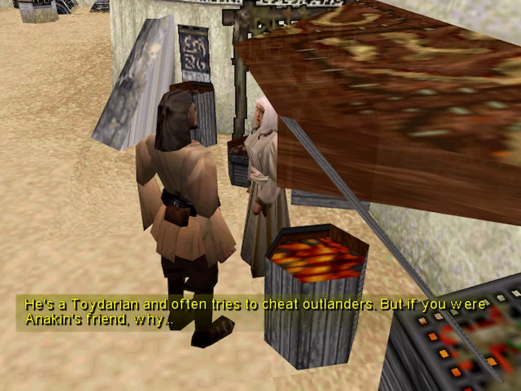 Star Wars game characters talking at desert market stall