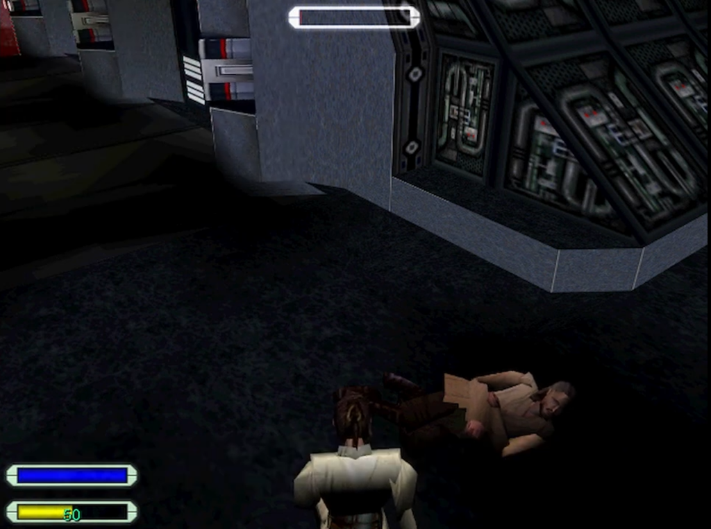 Video game character standing over fallen man indoors