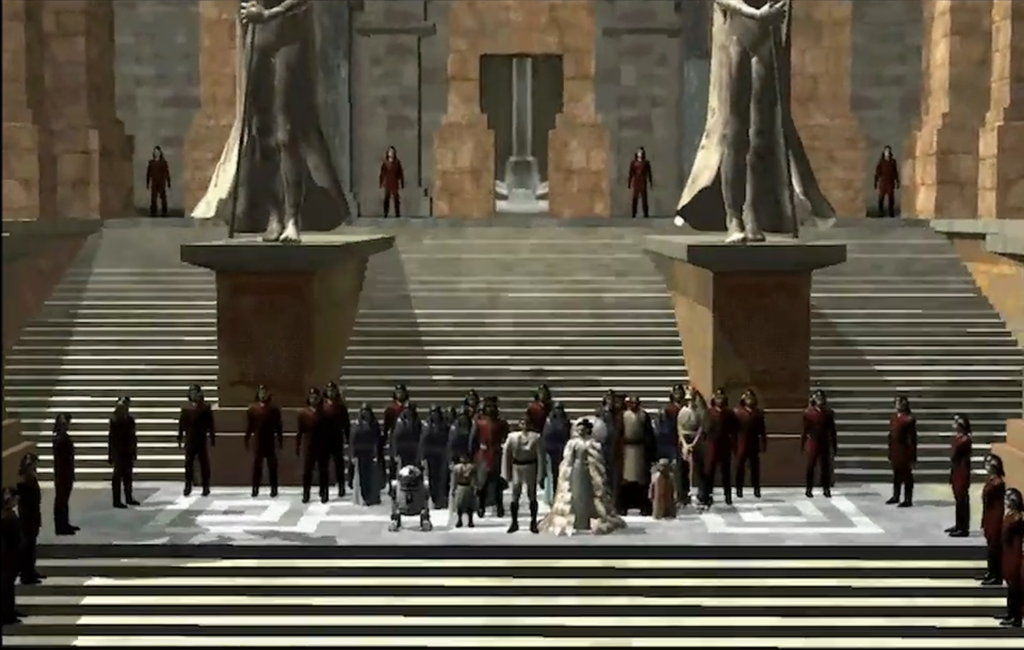 Royal procession before monumental palace statues
