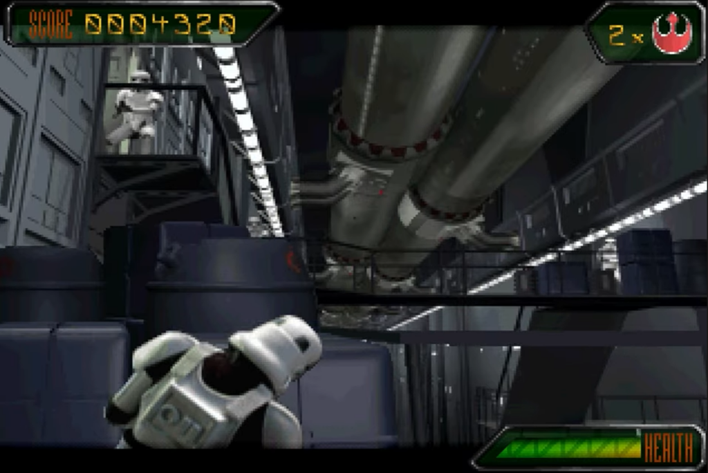 Stormtroopers in industrial corridor video game scene