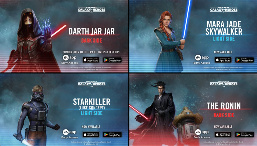 Star Wars Galaxy of Heroes character promos grid
