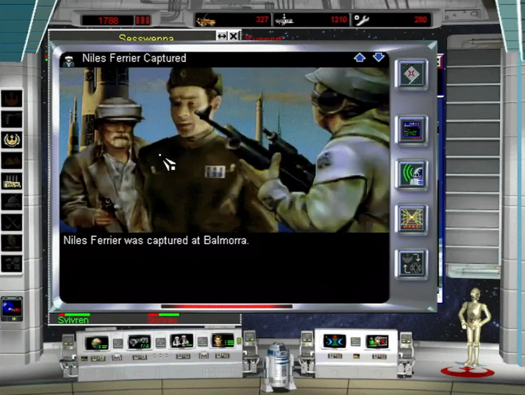 Video game screen showing character captured at gunpoint