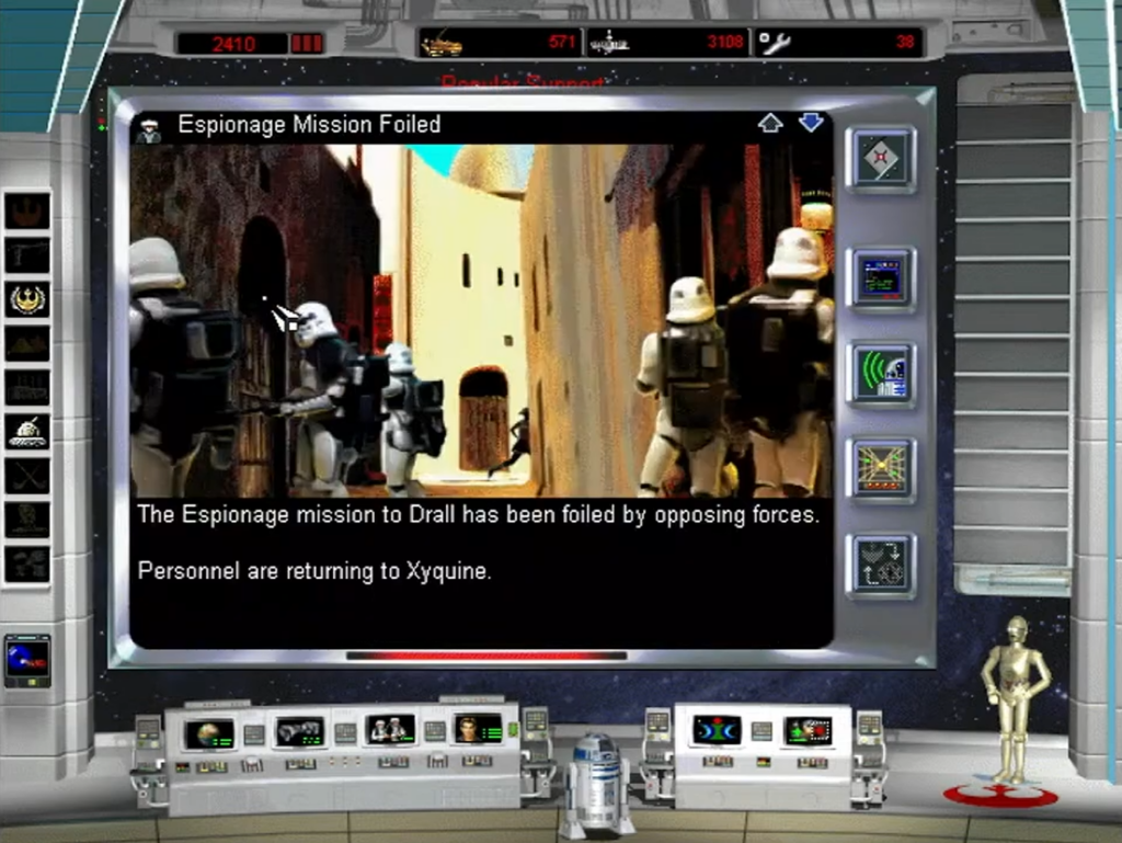 Star Wars game screen showing espionage mission failed