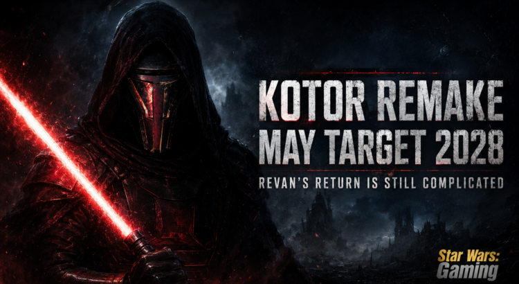 Dark Revan-style warrior with a red lightsaber beside the headline KOTOR Remake May Target 2028