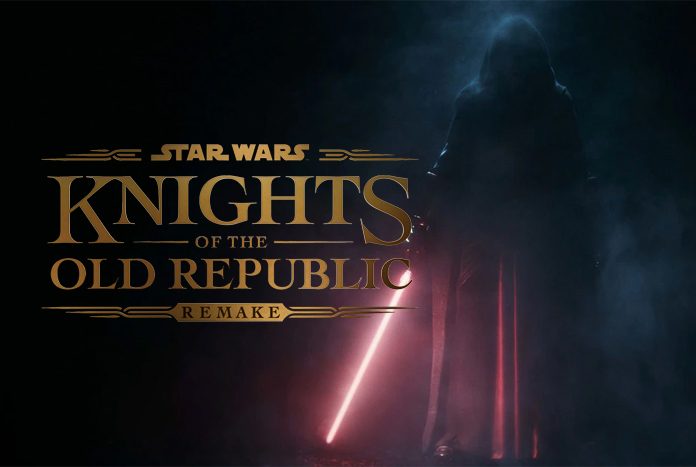 Hooded figure with red lightsaber, KOTOR Remake logo