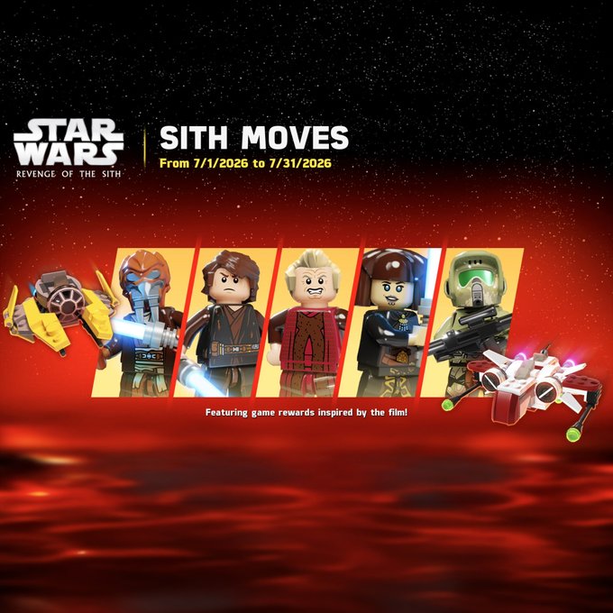 LEGO Star Wars Castaways Sith Moves event artwork featuring Revenge of the Sith-themed minifigure parts, vehicles, and the July 31, 2026 end date.
