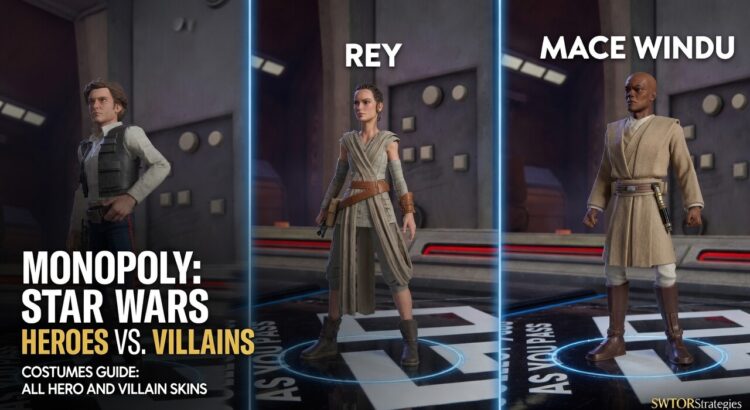 Monopoly Star Wars Heroes vs Villains characters standing on a digital board with unlockable hero and villain costumes
