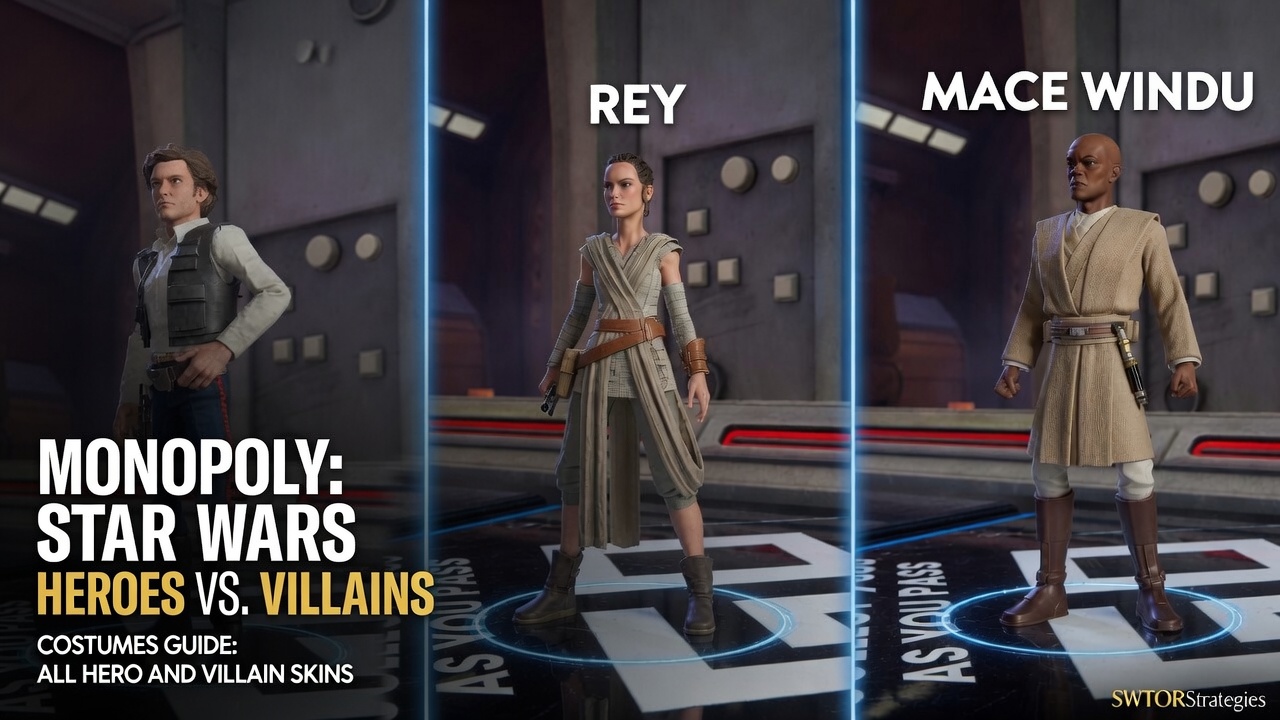 Monopoly Star Wars Heroes vs Villains characters standing on a digital board with unlockable hero and villain costumes