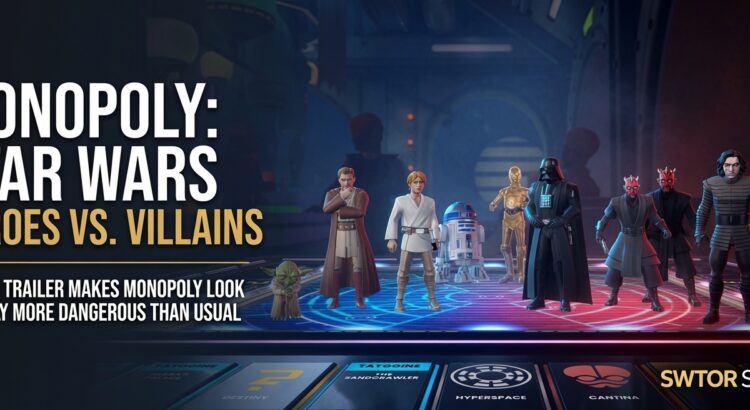 Monopoly Star Wars Heroes vs Villains characters standing on a digital board game as the launch trailer highlights team-based Star Wars gameplay
