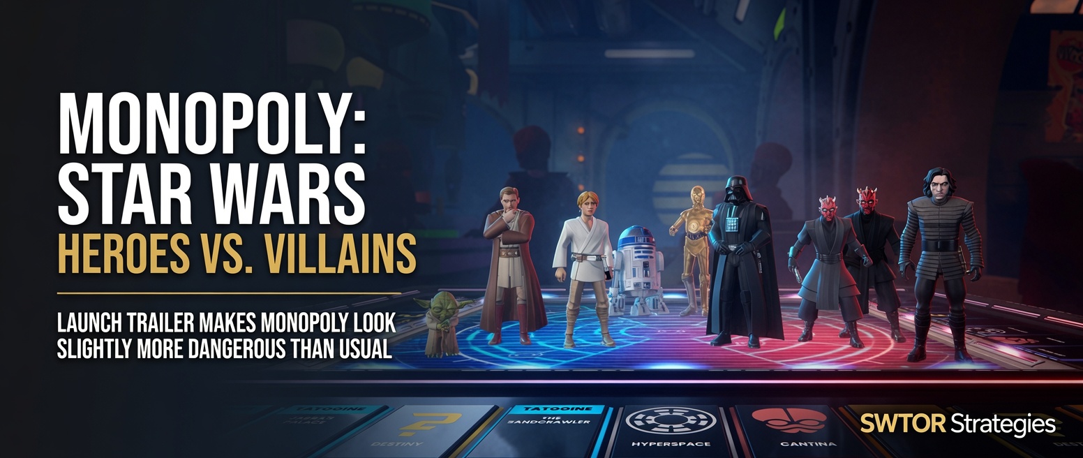Monopoly Star Wars Heroes vs Villains characters standing on a digital board game as the launch trailer highlights team-based Star Wars gameplay