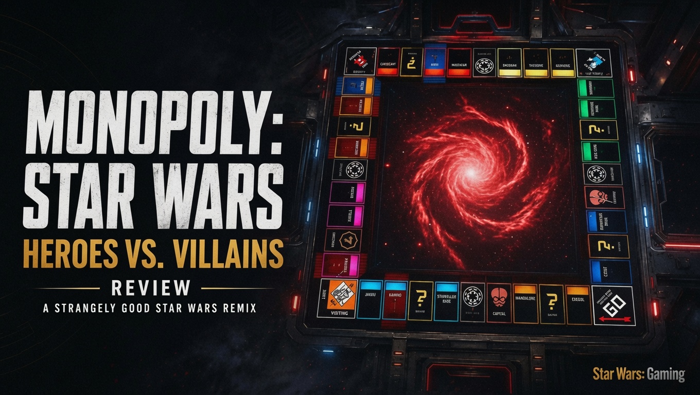 Monopoly Star Wars Heroes vs Villains review header showing a glowing Star Wars board game with review title text