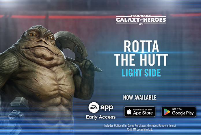 Rotta the Hutt in Star Wars Galaxy of Heroes as a Light Side Hutt Cartel attacker with gladiator-style gameplay