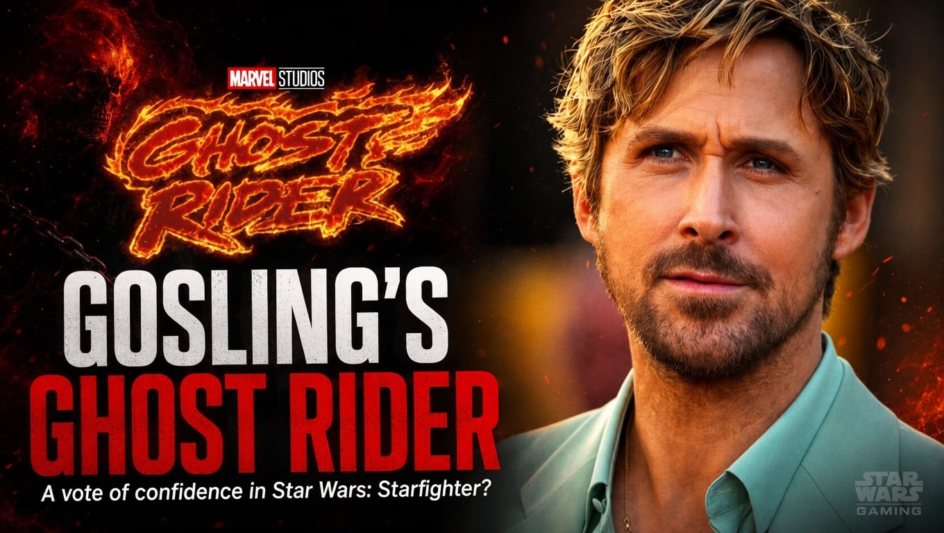Ryan Gosling beside Ghost Rider artwork for an analysis of Disney’s confidence in Star Wars: Starfighter