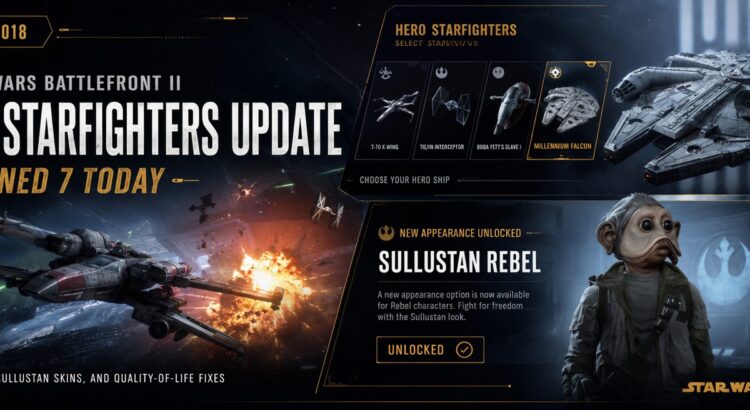 Star Wars Battlefront II Hero Starfighters Update anniversary header showing hero ships, Sullustan Rebel skin, and starfighter combat