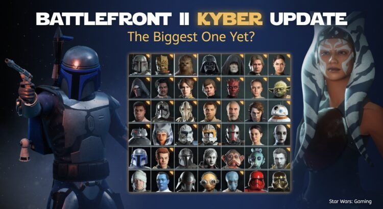 Star Wars Battlefront II Kyber update header image showing a dark character roster screen with heroes, villains, and community mod update text.