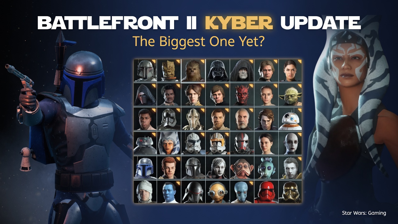 Star Wars Battlefront II Kyber update header image showing a dark character roster screen with heroes, villains, and community mod update text.