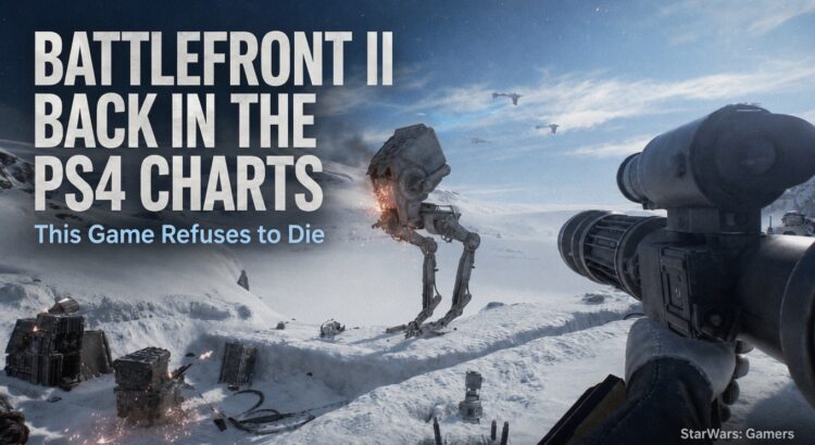 Star Wars Battlefront II header image showing a snowy battlefield with an AT-ST walker and text about the game returning to the PS4 charts.