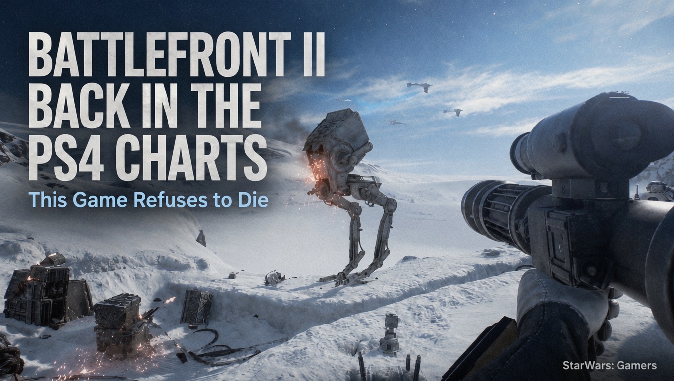 Star Wars Battlefront II header image showing a snowy battlefield with an AT-ST walker and text about the game returning to the PS4 charts.