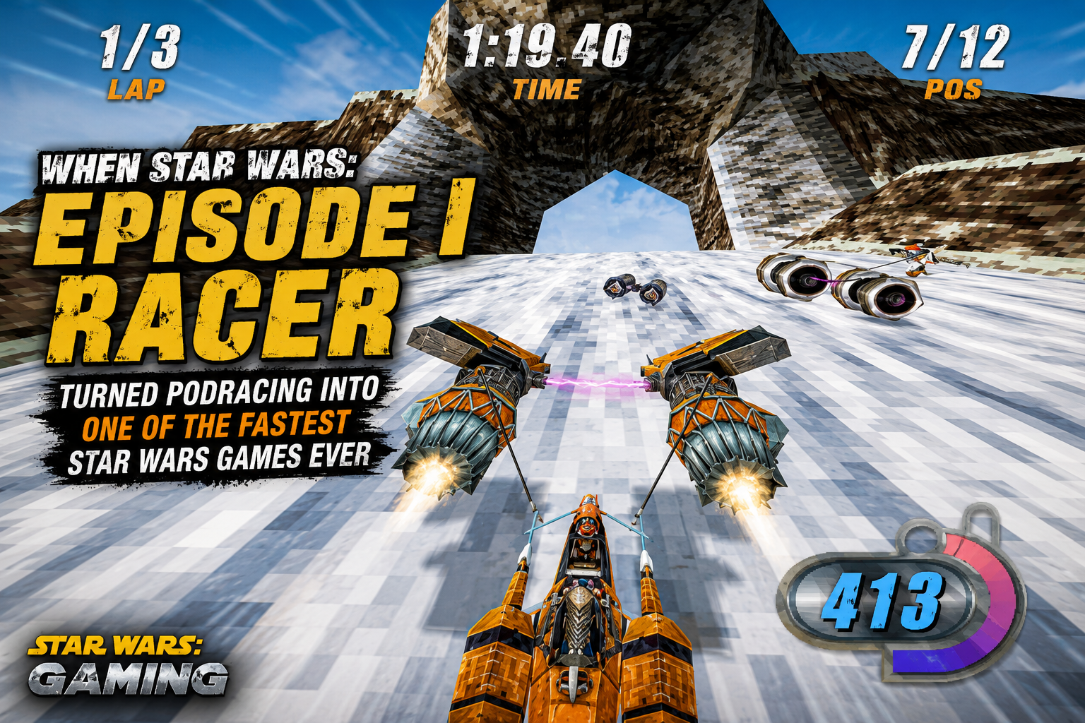 Star Wars Episode I Racer anniversary article header featuring podracing, high-speed Star Wars racing, and a connection to Star Wars Galactic Racer