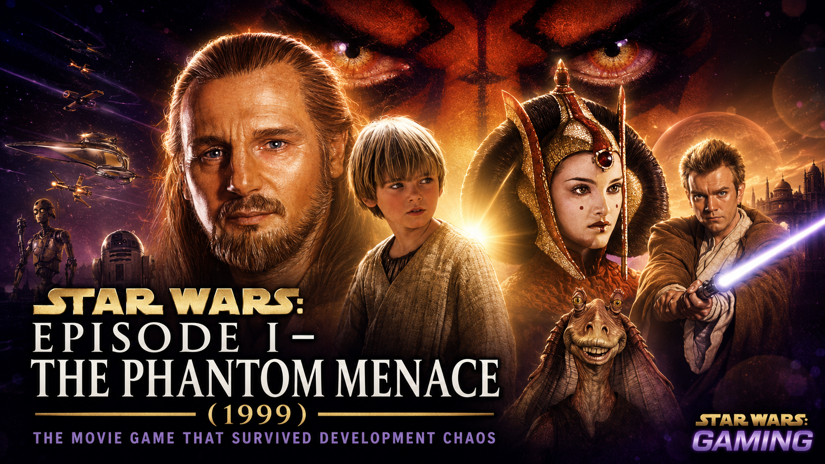 Star Wars: Episode I – The Phantom Menace (1999) header image featuring Qui-Gon Jinn, young Anakin Skywalker, Queen Amidala, Obi-Wan Kenobi, Jar Jar Binks, and Darth Maul.