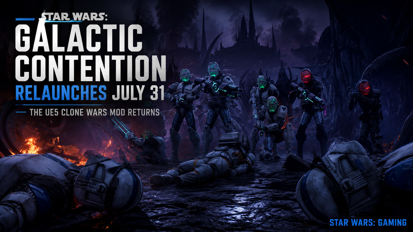 Star Wars Galactic Contention UE5 relaunch article header featuring clone troopers, battle droids, tactical Clone Wars combat, vehicles, and Squad mod gameplay