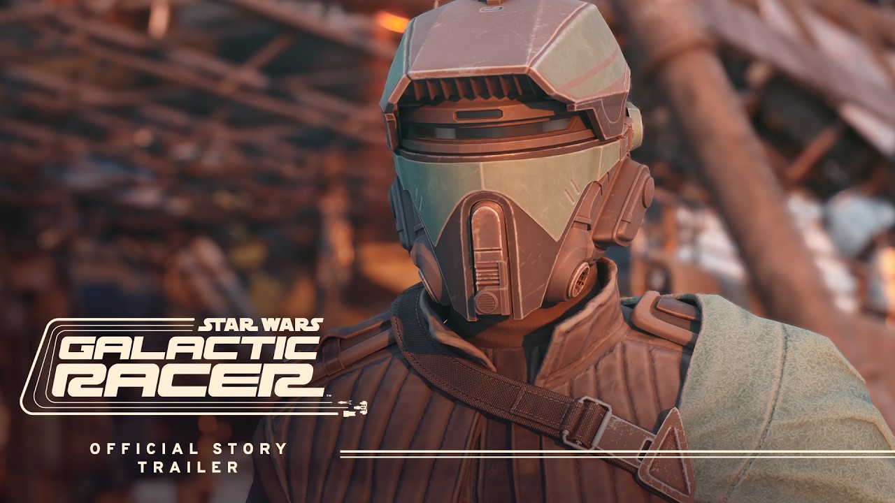Futuristic armored racer in helmet, Star Wars scene