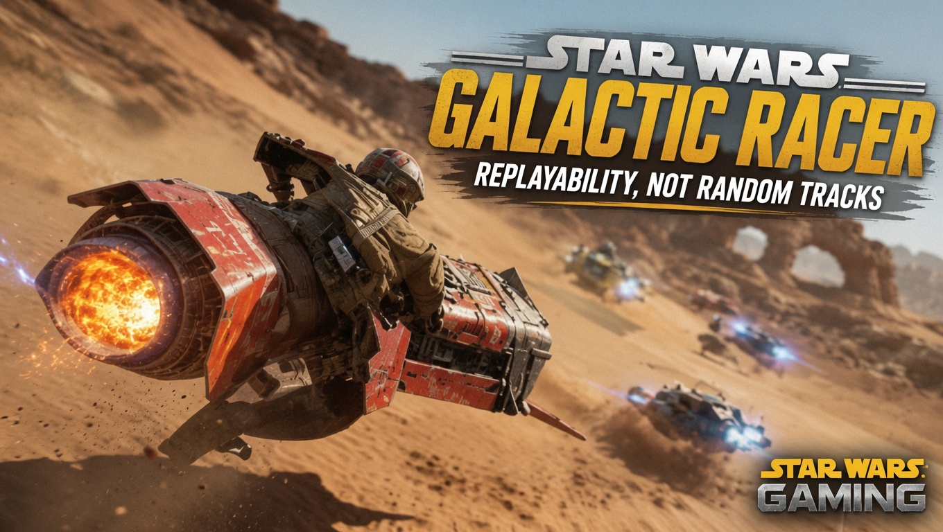 Star Wars Galactic Racer replayability header showing a desert speeder race with bold title text about track mastery and replayability