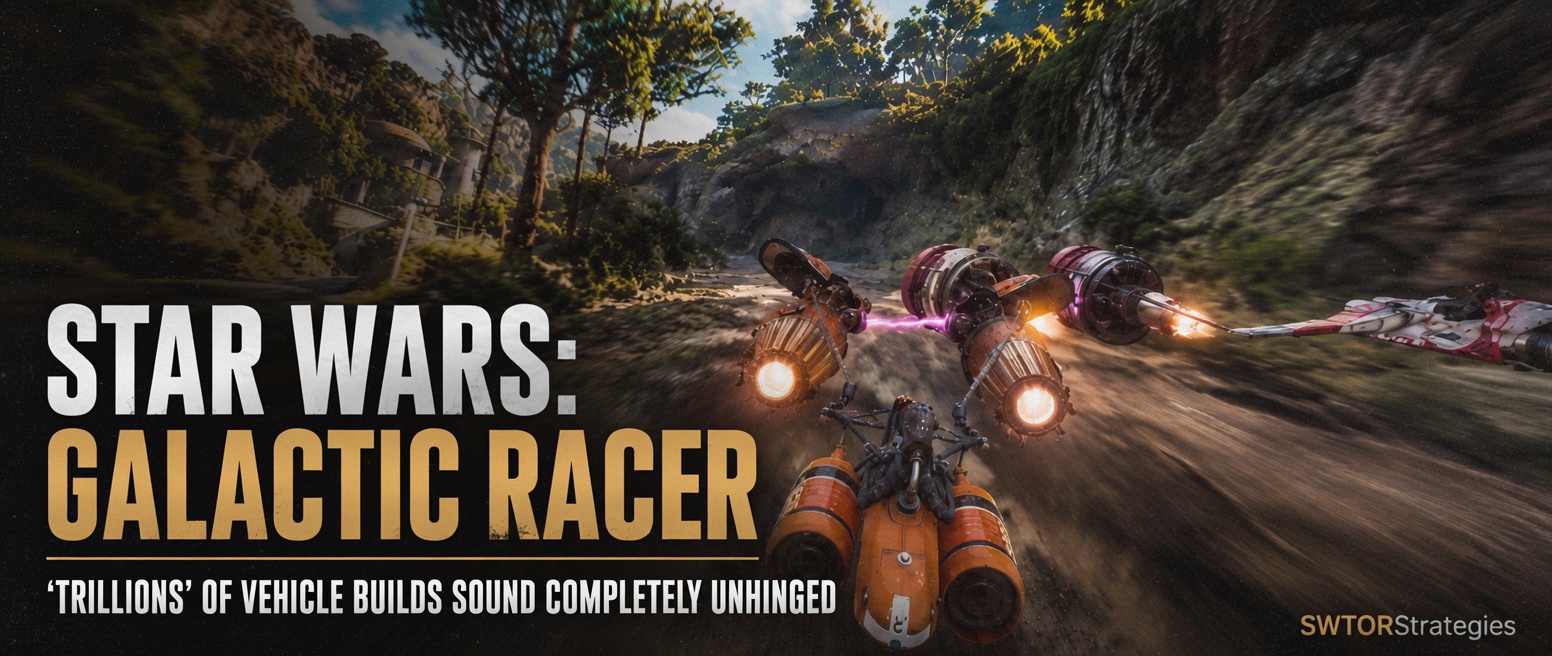 Star Wars Galactic Racer vehicles speeding through a canyon as the article title highlights trillions of possible vehicle builds