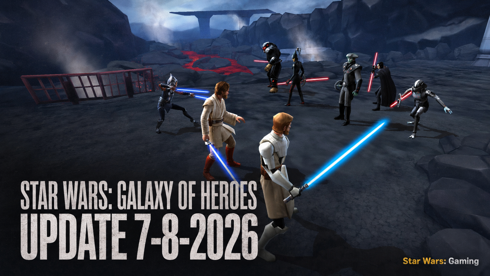 Star Wars Galaxy of Heroes update 7-8-2026 header showing a lightsaber battle with GAC changes and game update news