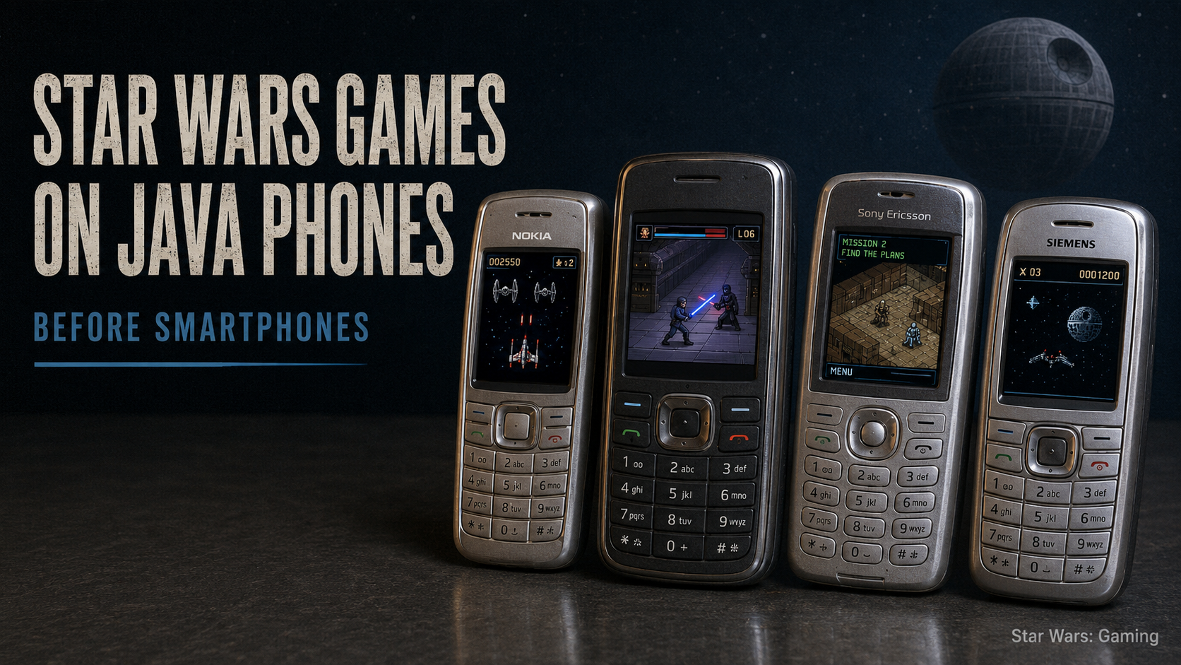 Four early mobile phones displaying retro Star Wars-style Java games, including space combat, a lightsaber duel, and an isometric mission.
