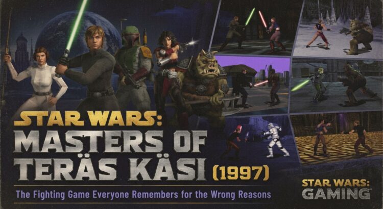 Star Wars: Masters of Teräs Käsi (1997) header image featuring Luke Skywalker, Princess Leia, Boba Fett, Arden Lyn, Thok, and scenes from the PlayStation fighting game.