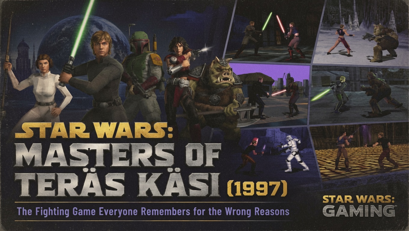 Star Wars: Masters of Teräs Käsi (1997) header image featuring Luke Skywalker, Princess Leia, Boba Fett, Arden Lyn, Thok, and scenes from the PlayStation fighting game.