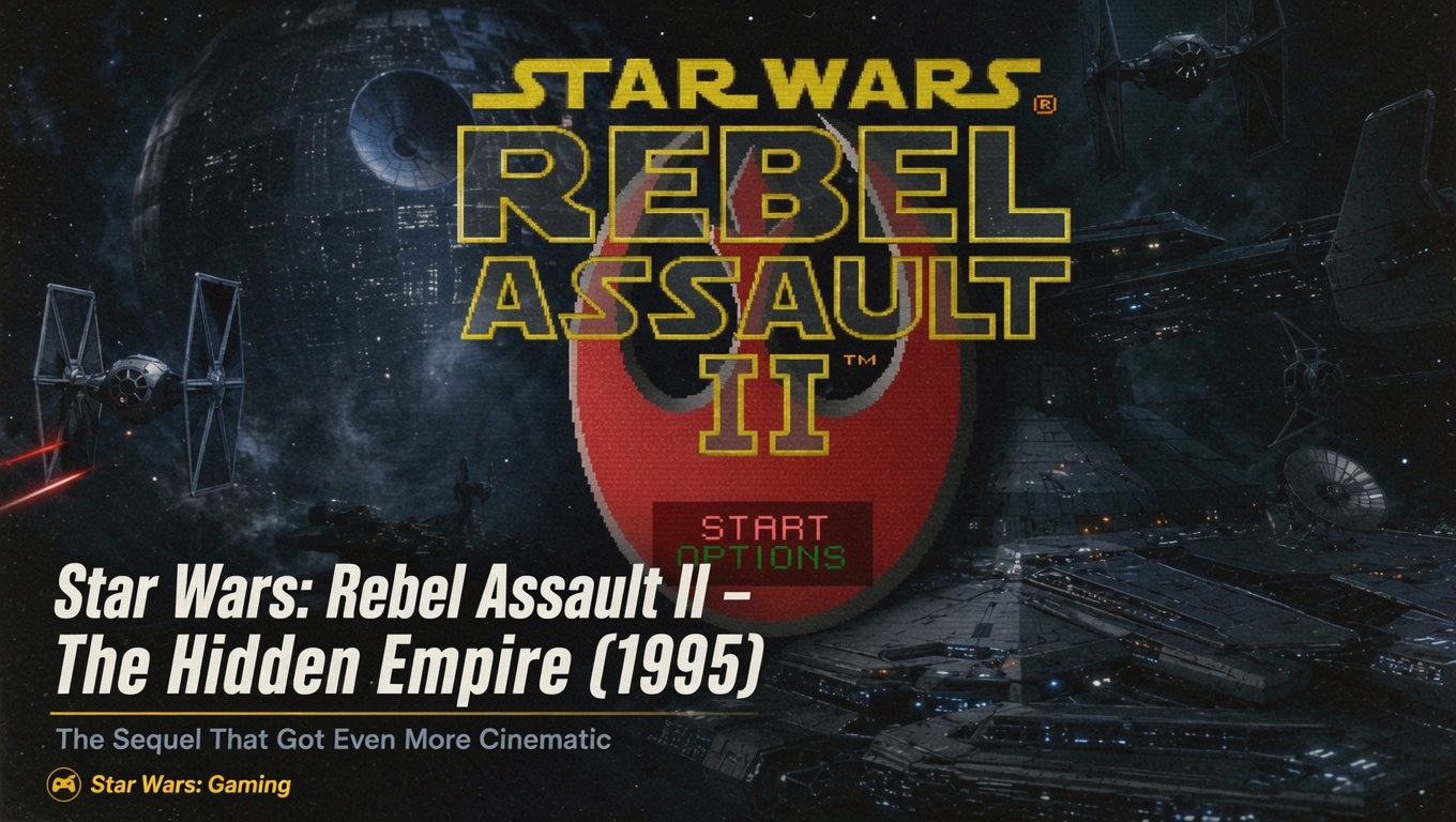 Header image for Star Wars: Rebel Assault II – The Hidden Empire (1995) showing the game logo over a dark space battle scene with TIE fighters, Imperial ships, and the Death Star.