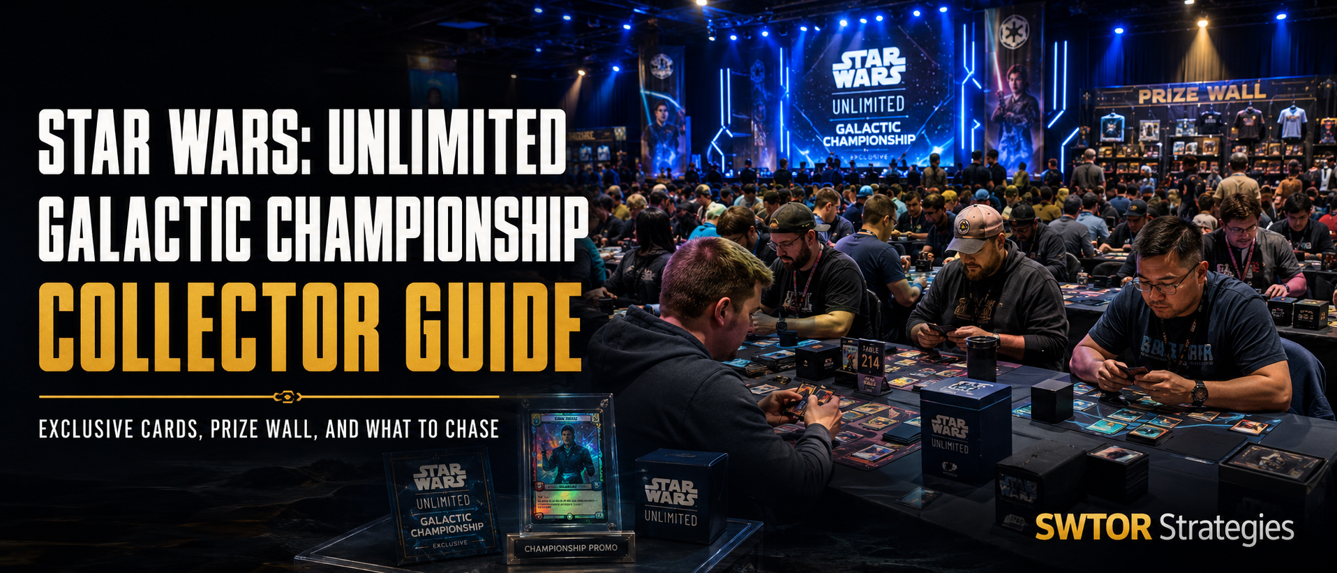 Star Wars Unlimited Galactic Championship event hall with players competing, prize wall rewards, and collector guide title text